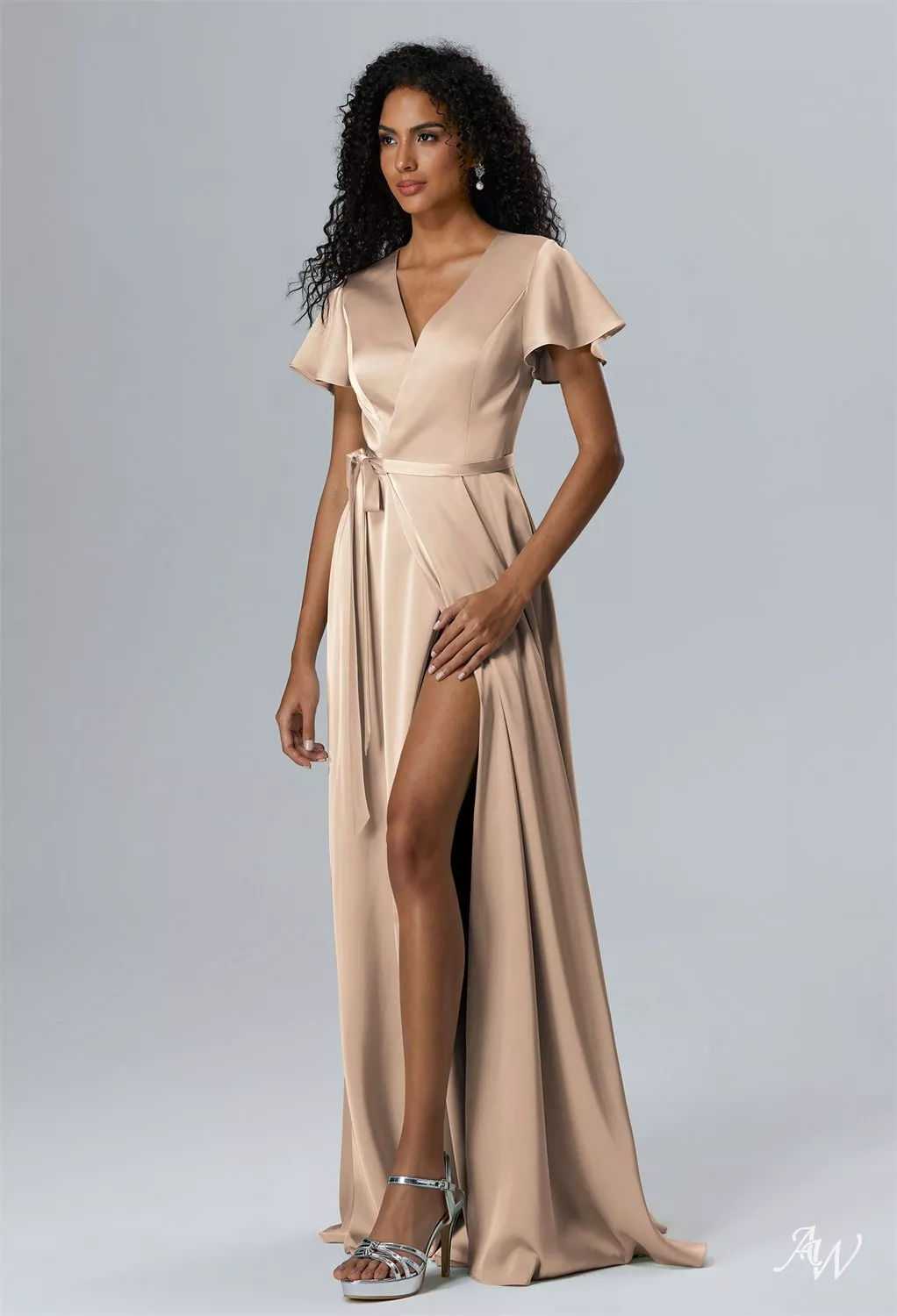 AW Roseanne Dress, Sage Green Crystal Satin Satin Charmeuse